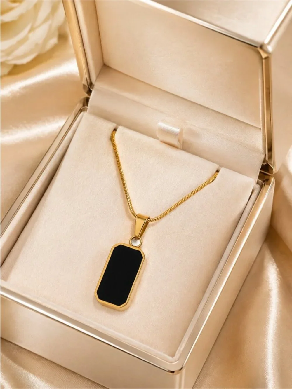 Gold tone double sided Pendant Necklace with Black and White Natural Inlay